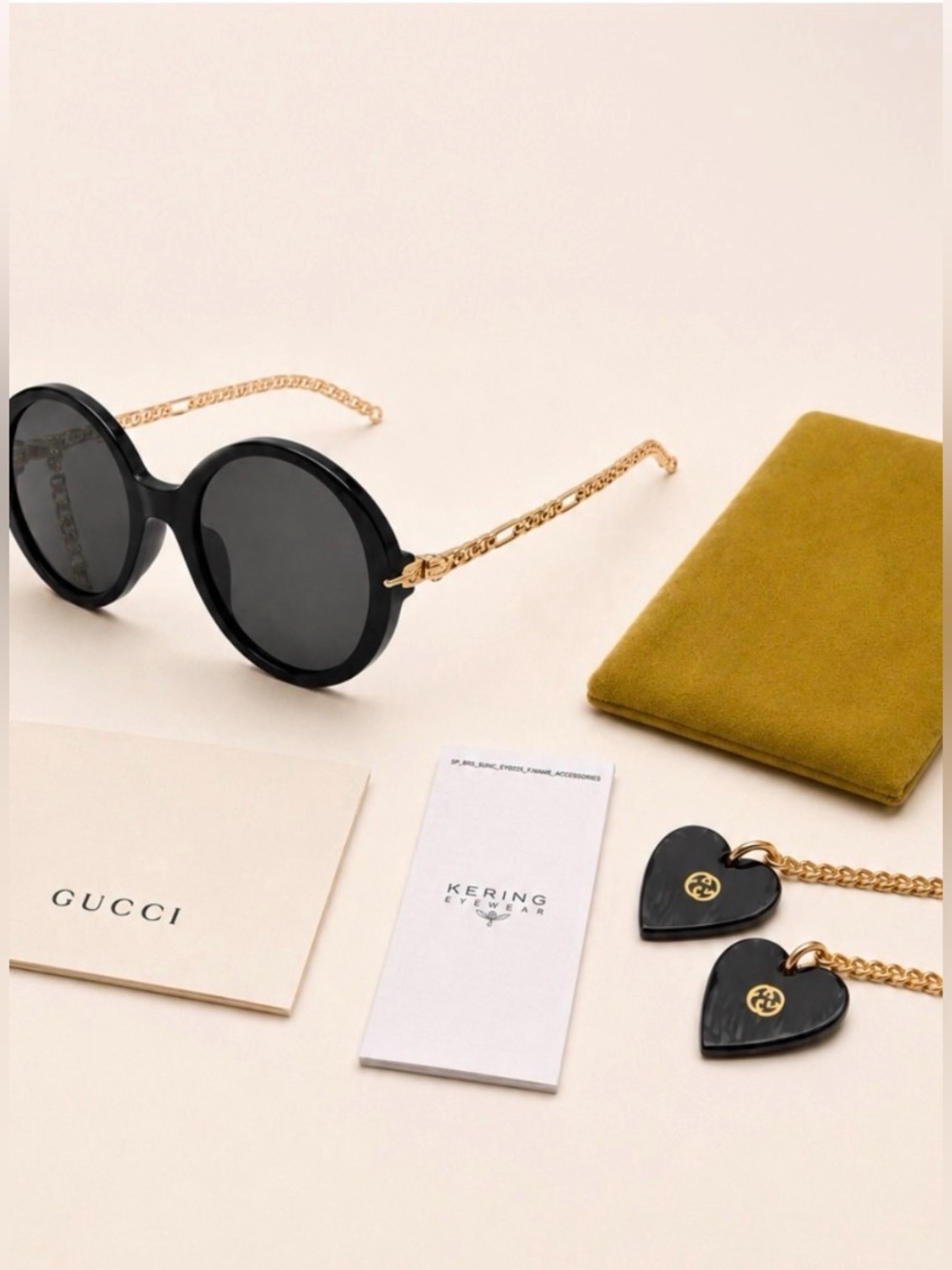 Gucci Sunglasses w/ Gold Chain Temples & Removable Gucci Heart Charms. EUC. $895